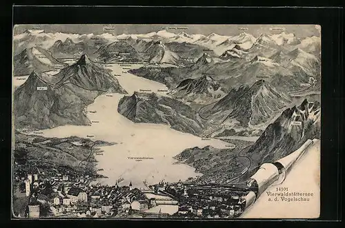AK Luzern, Vierwaldstättersee aus der Vogelschau, Landkarte