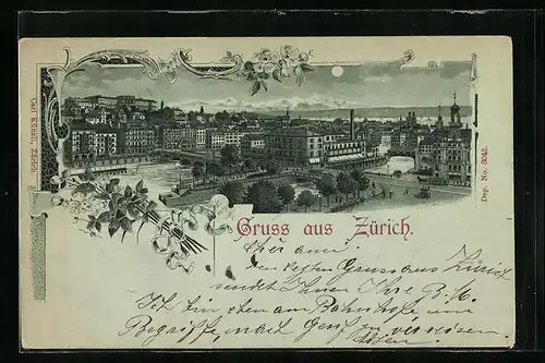 Mondschein-Lithographie Zürich, Teilansicht aus der Vogelschau