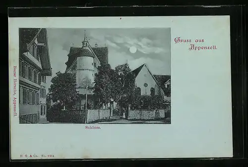 Mondschein-AK Appenzell, Blick auf das Schloss