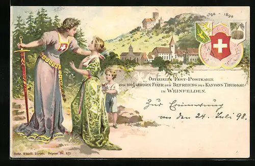 Lithographie Weinfelden, Festpostkarte zur 100jährigen Feier der Befreiung des Kantons Thurgau