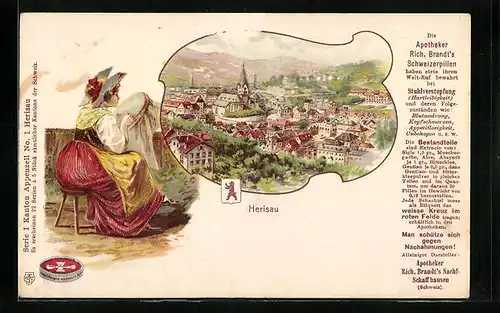 Lithographie Herisau, Ortsansicht und stickende Frau