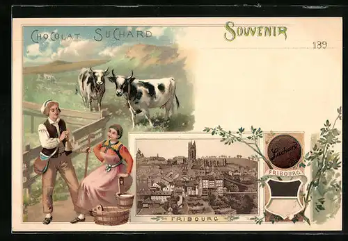 Lithographie Fribourg, Pärchen auf der Alm, Ortsansicht, Reklame Chocolat Suchard