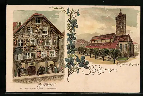 Lithographie Schaffhausen, St.Johannes-Kirche, Gasthaus Zum Ritter