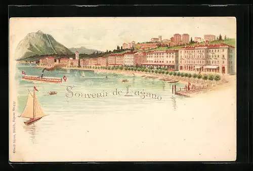 Lithographie Lugano, Ortsansicht mit Schiffen auf dem See