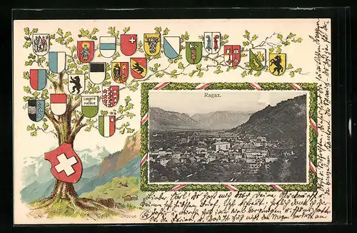 Präge-AK Ragaz, Totalansicht mit Wappen