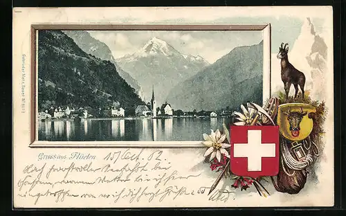 Passepartout-Lithographie Flüelen, Ortsansicht mit Wappen und Edelweiss