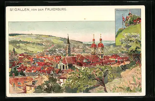 Lithographie St. Gallen, Ortsansicht von der Falkenburg