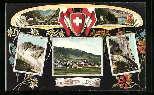 AK Appenzell, Ortsansicht mit Säntis und Wildkirchli