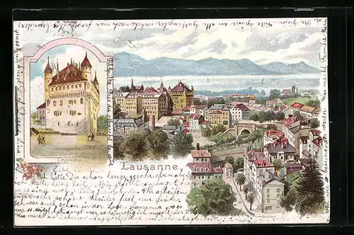 Lithographie Lausanne, Ortsansicht mit Chateau