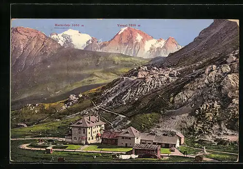 AK Pordoijoch an der Dolomitenstrasse, Gesamtansicht aus der Vogelschau