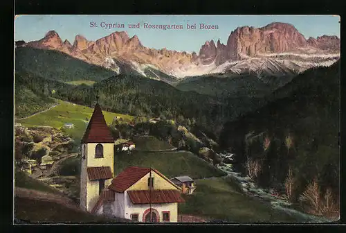 AK St. Cyprian bei Bozen, Ortspartie mit Blick zum Rosengarten