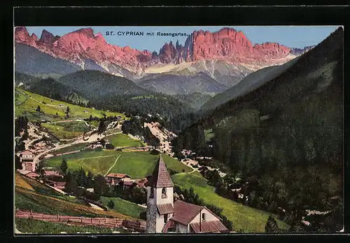 AK St. Cyprian b. Bozen, Ortspartie mir Rosengarten