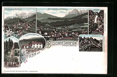 Lithographie Bischofshofen, Totalansicht mit Mühlbach und Hochkönig