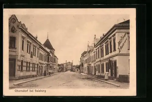 AK Oberndorf b. Salzburg, Ortsansicht mit Bäckerei