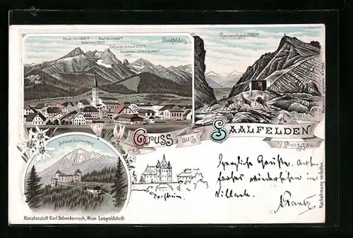 Lithographie Saalfelden i. Pinzgau, Ortsansicht mit Schloss Lichtenberg