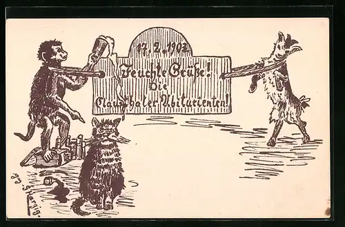 Künstler-AK Clausthal, Absolvia 1903, Affe und Katze