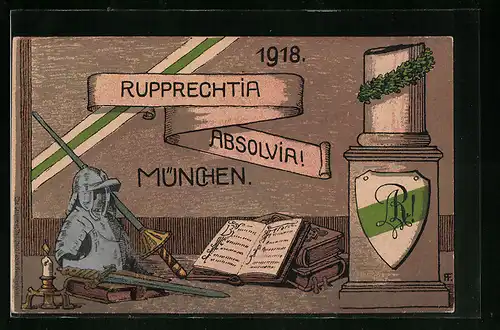 Künstler-AK München-Neuhausen, Rupprechtia Absolvia 1918 mit Wappen, Albrechtstrasse 7