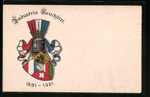 Künstler-AK Neuchâtel, Industria Neuchatel, 1921 mit Studentenwappen