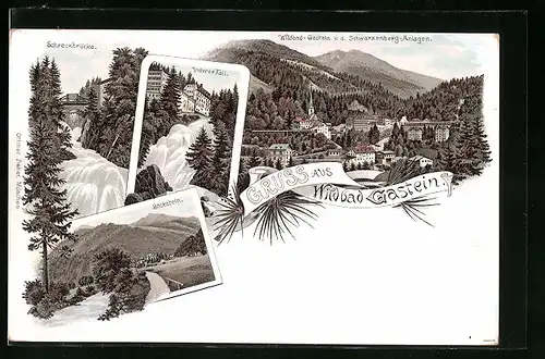Lithographie Bad Gastein, Ortsansicht mit Schreckbrücke