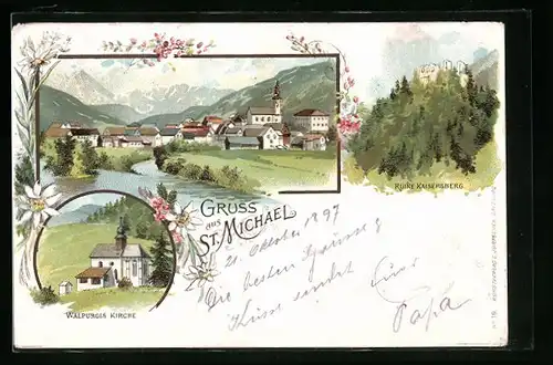 Lithographie St. Michael, Ortsansicht mit Ruine Kaisersberg