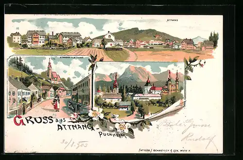 Lithographie Attnang-Puchheim, Totalansicht mit Strasse in Attnang