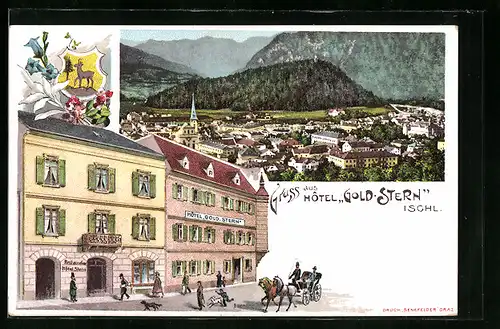 Lithographie Ischl, Ortsansicht mit Hotel Gold Stern