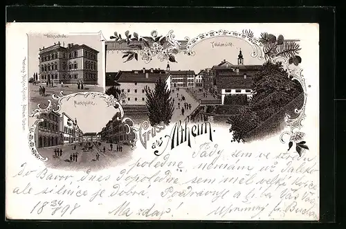 Lithographie Altheim, Totalansicht mit Marktplatz