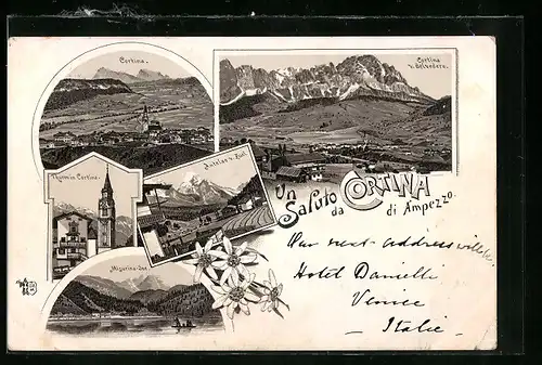 Lithographie Cortina d’Ampezzo, Ortsansicht mit Thurm und Misurina-See