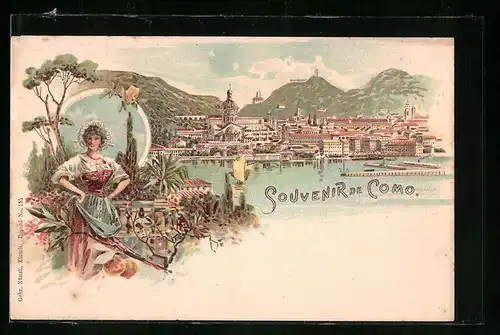 Lithographie Como, Ortsansicht mit Hafenpartie
