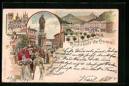 Lithographie Como, Ortsansicht mit Monument Volta