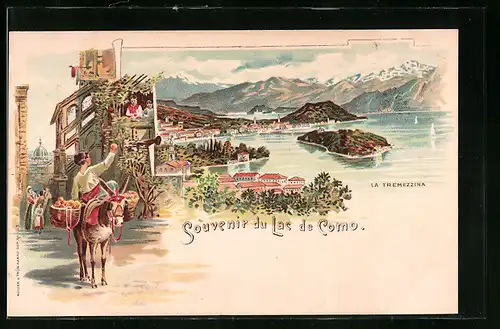 Lithographie Tremezzina, Ortsansicht mit Lac de Como
