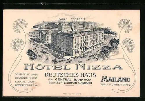 Lithographie Mailand, Hotel Nizza aus der Vogelschau