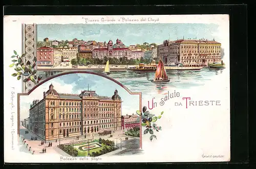 Lithographie Trieste, Piazza Grande e Palazzo del Lloyd, Palazzo della posta