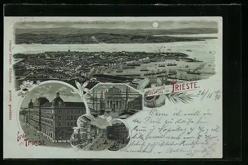 Mondschein-Lithographie Trieste, Panorama di Trieste da Opicina, St. Antonius-Kirche, Post
