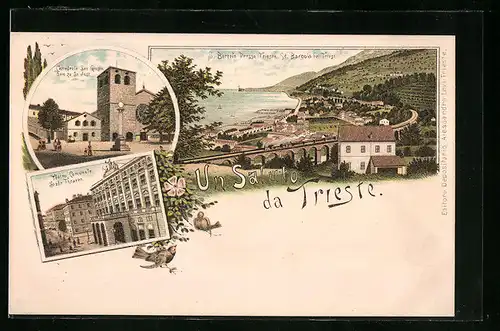 Lithographie Trieste, St. Barcola, Dom zu St. Just, Stadttheater