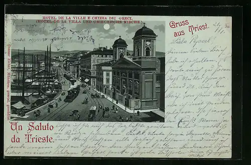 Mondschein-Lithographie Trieste, Hotel de la Villa und griechische Kirche mit Bahn