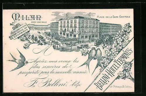Lithographie Milan, Bellini Hotel Terminus Place de la Gare Centrale