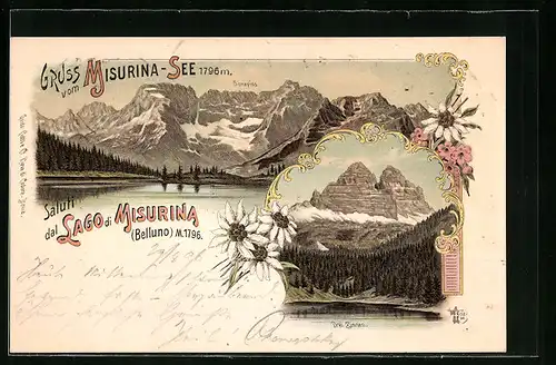 Lithographie Belluno, Misurinasee & Sorapiss, Drei Zinnen