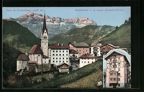 AK Buchenstein, Gasthof Alpino, Ortspartie mit Kirche