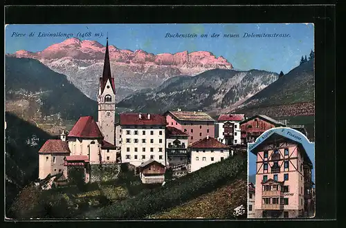 AK Buchenstein, Gasthof Alpino, Ortspartie mit Kirche
