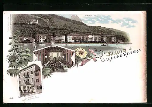Lithographie Gardone-Riviera, Hotel & Pension von Gardone-Riviera, Innenansicht, L. Löbinger Kusnt & Buchhandlung