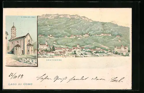 Lithographie Gravedona /Lago di Como, Panorama, S. Maria del Tiglio