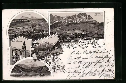 Lithographie Cortina d`Ampezzo, Turm, Misurina-See, Antelao v. Zuel