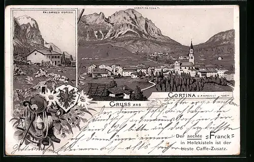 Lithographie Cortina d`Ampezzo, Falzareco Ospizio, Panorama mit Sorapiss, Reklame für Franck Kaffee-Zusatz