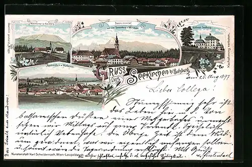 Lithographie Seekirchen b. Salzburg, Mühlberg m. d. Gaisberg, Schloss Seeburg, Seekirchen mit Wallersee