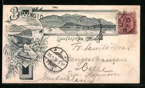 Vorläufer-Lithographie Bellagio, 1895, Panorama, Lac de Como, Dampfer Lombardia