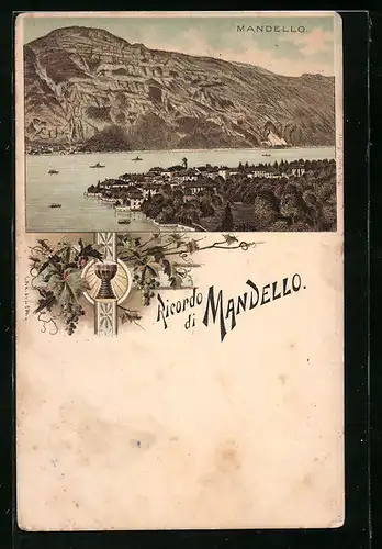 Lithographie Mandello, Panorama mit Ort und See