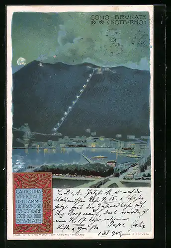 Künstler-AK Como-Brunate, Teilansicht bei Nacht mit Bergbahn