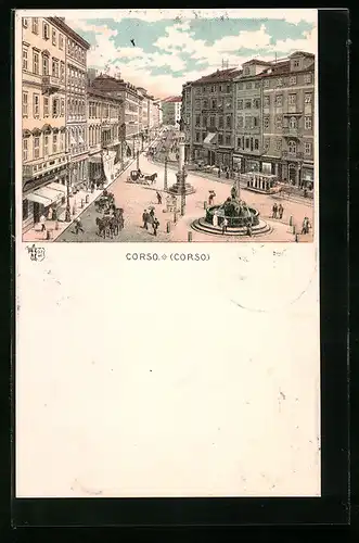 Lithographie Triest, Strassenpartie am Corso