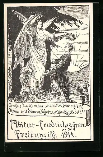 Künstler-AK Freiburg i. B., Absolvia Abitur Friedrichsgymnasium 1914, Engel bekränzt Absoventen